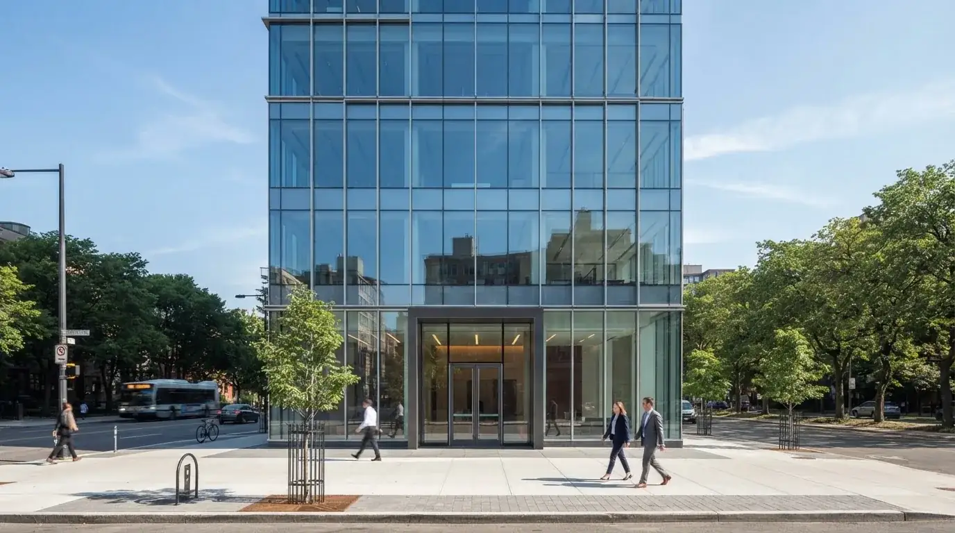 Edificio de oficinas moderno con fachada de cristal bajo un cielo despejado, gente caminando por la acera en una calle de ciudad.