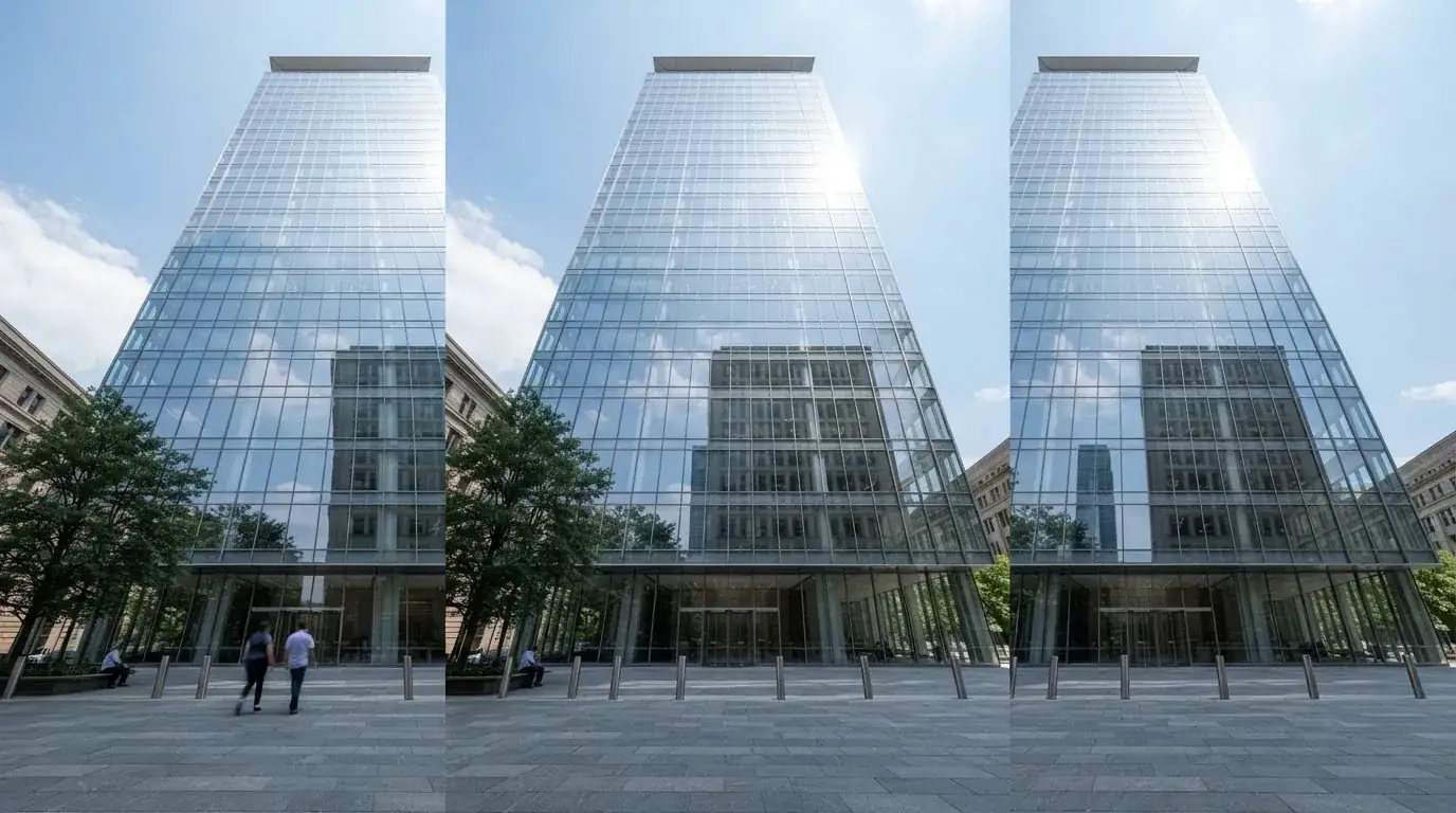 Edificio moderno de oficinas con grandes ventanales de cristal reflejando el cielo, visto desde una calle peatonal.