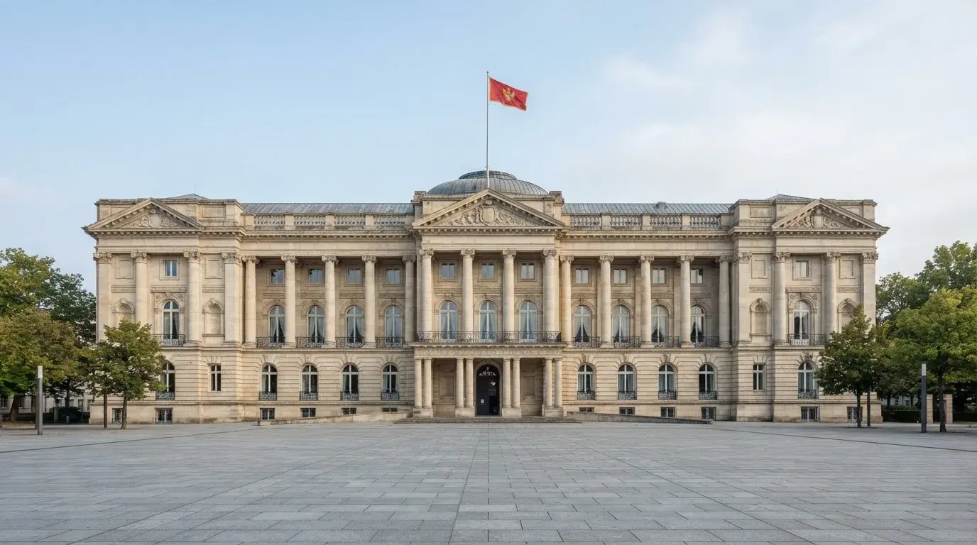 Fachada clásica de un edificio administrativo con una bandera ondeando y una plaza vacía al frente.