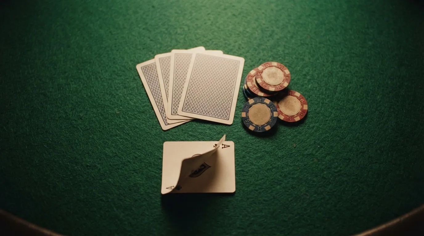 Vista cenital de una baraja de cartas y fichas de casino apiladas sobre una mesa de fieltro verde.