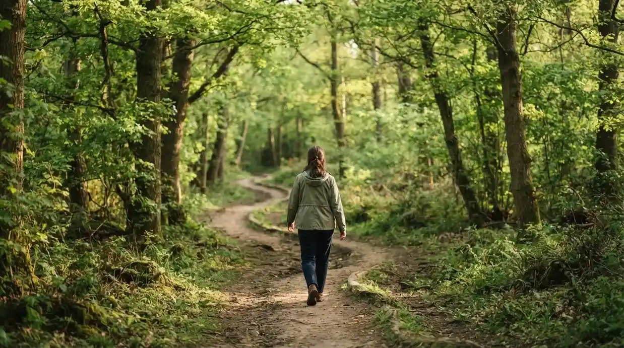 Persona caminando por un sendero arbolado durante una mañana soleada, en actitud relajada.