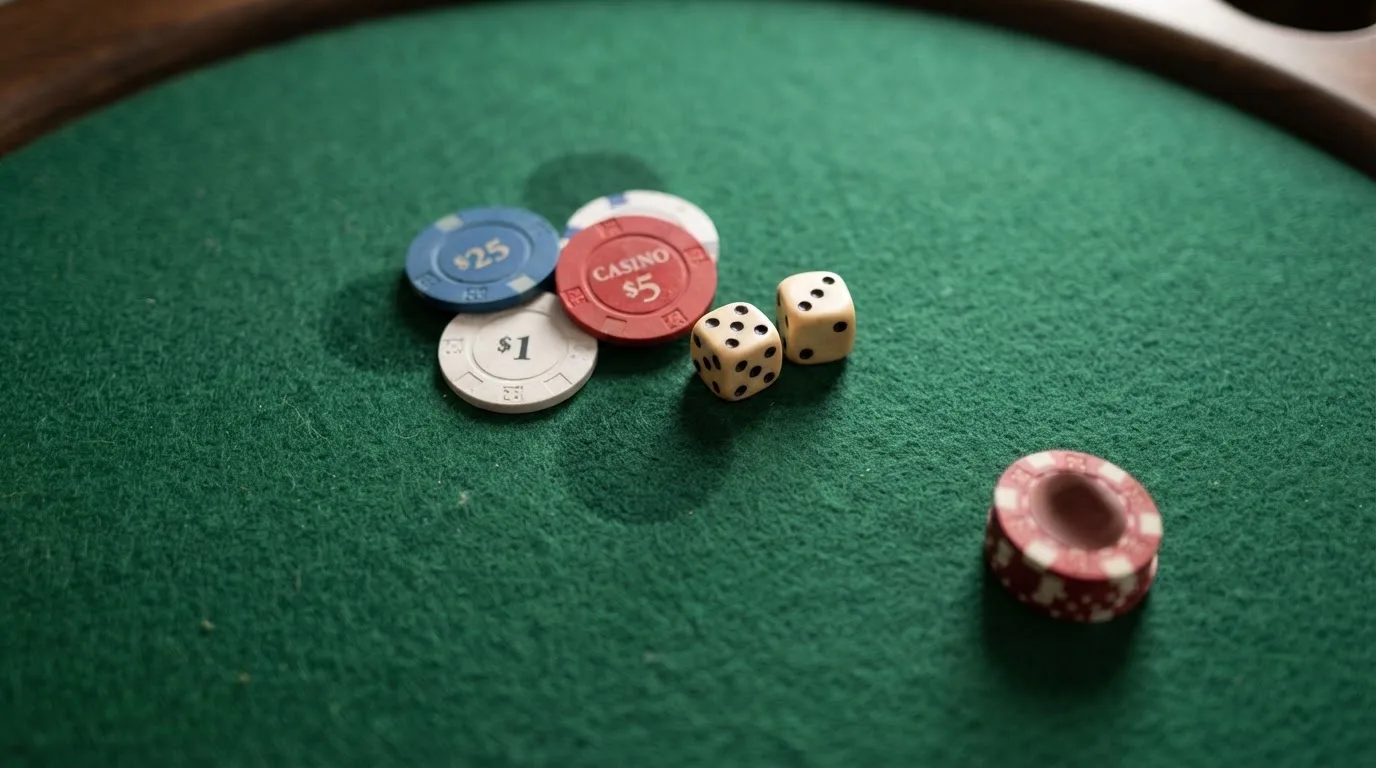 Vista cenital de fichas de casino y dados sobre una mesa de fieltro verde bajo luz suave.