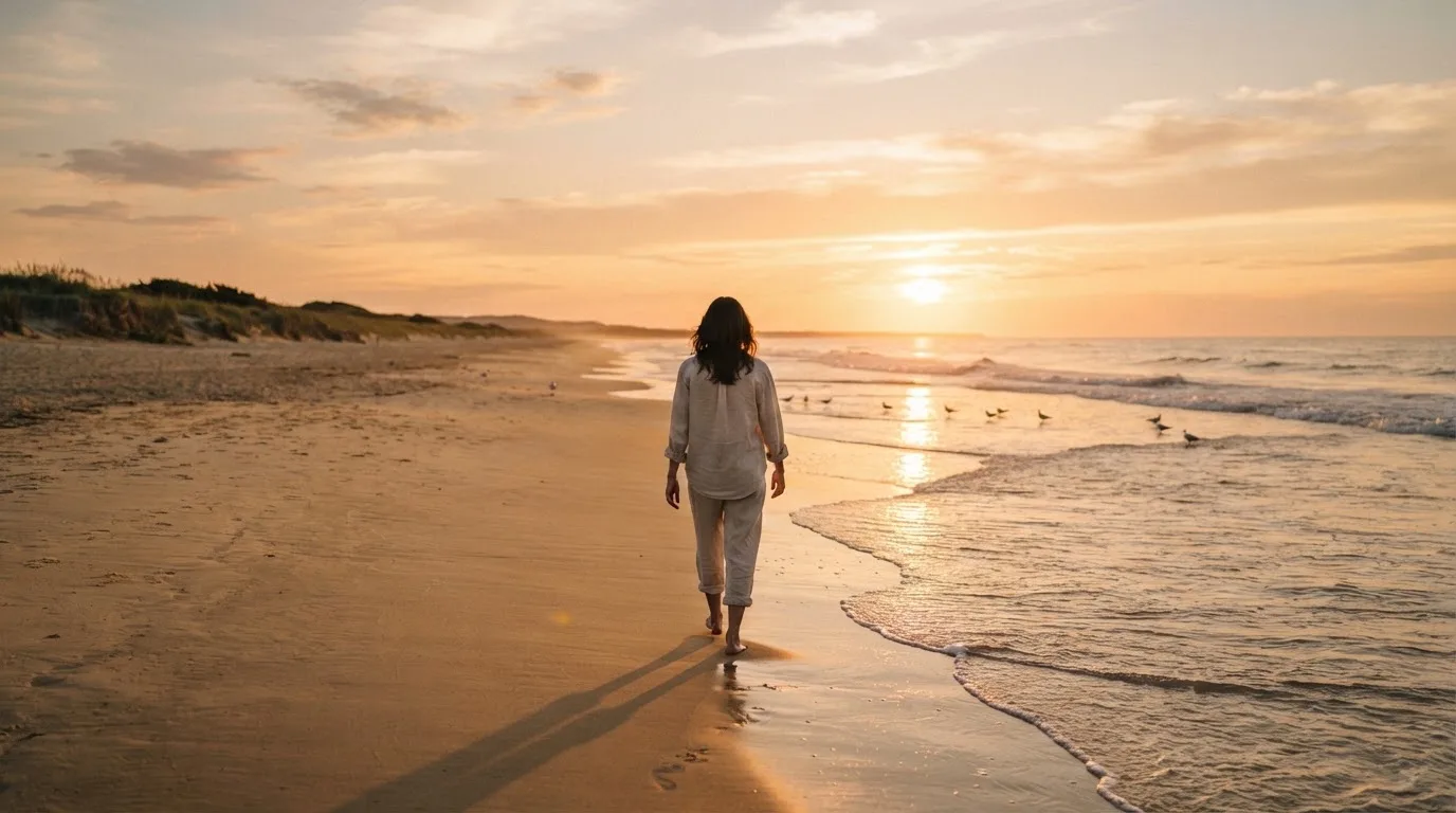 Persona caminando por la orilla del mar al atardecer en actitud relajada.