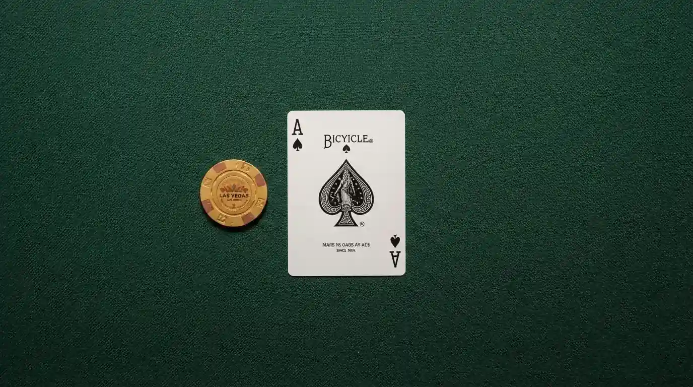 Vista cenital de fichas doradas y una baraja de cartas sobre una mesa de fieltro verde.