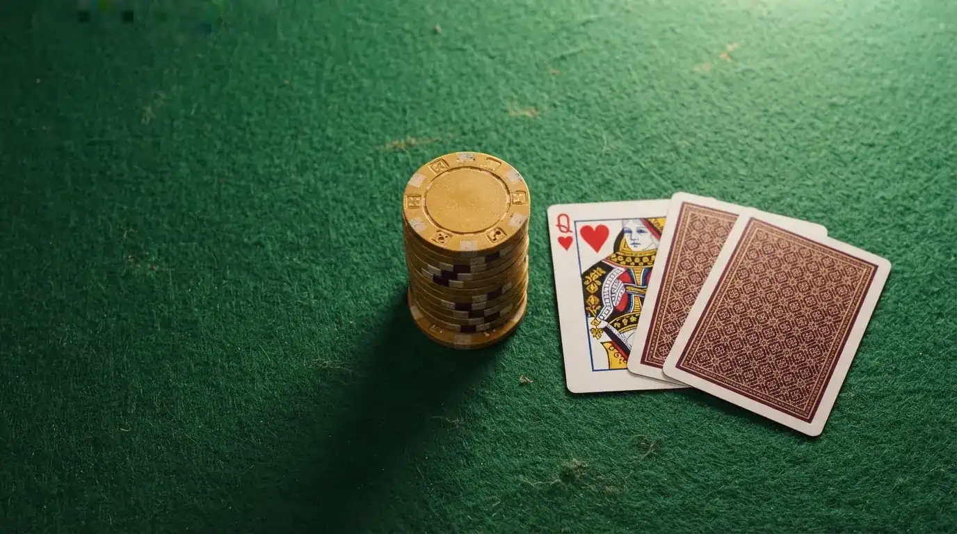 Vista cenital de fichas doradas y una baraja de cartas sobre una mesa de fieltro verde.