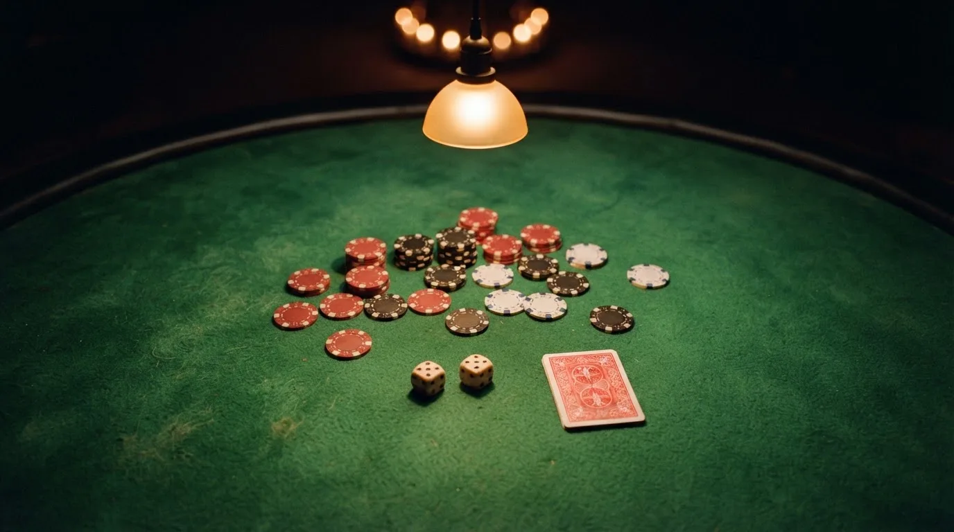 Vista cenital de fichas de casino y dados sobre una mesa de fieltro verde bajo luz suave.