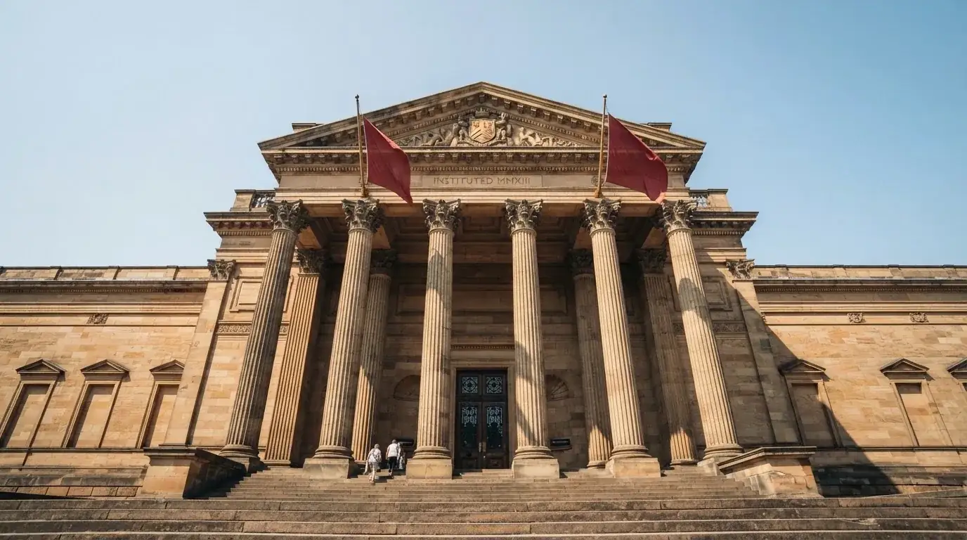 Fachada de un edificio institucional con columnas y banderas ondeando bajo un cielo despejado.
