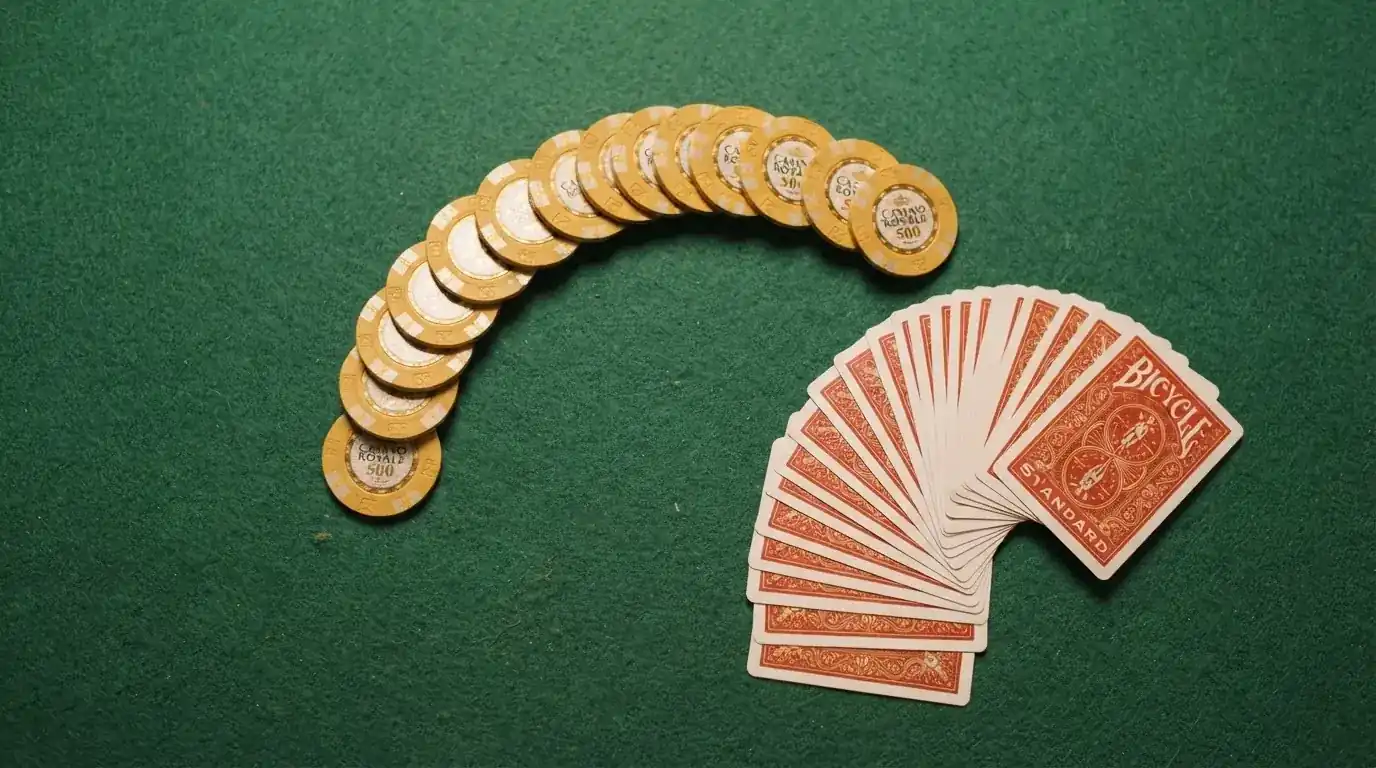 Vista cenital de fichas doradas y una baraja de cartas sobre una mesa de fieltro verde.