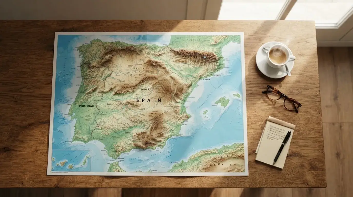Un mapa físico de España sobre una mesa de madera junto a una taza de café y unas gafas, con luz natural entrando por una ventana.