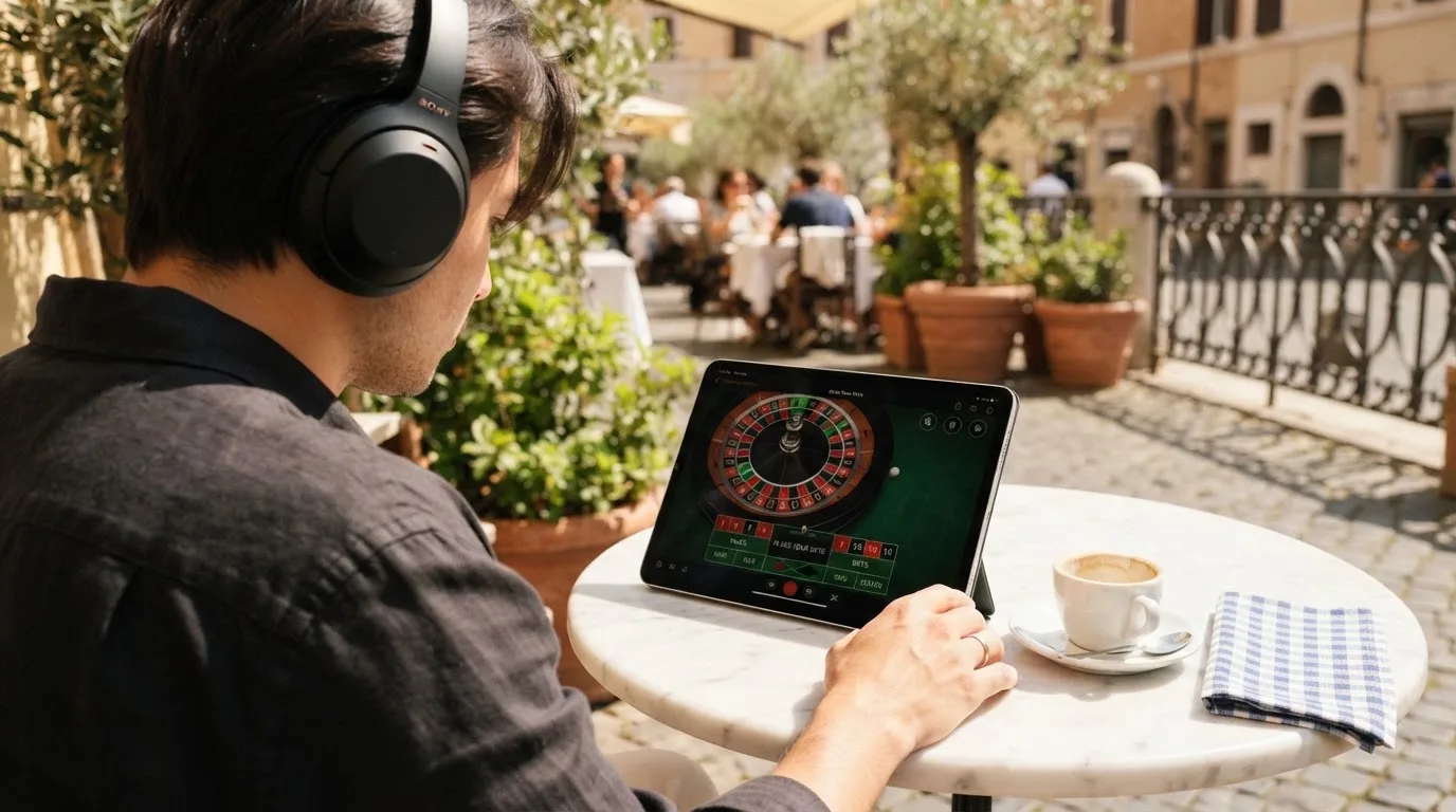 Una persona con auriculares revisa una lista en una tableta apoyada sobre una mesa de café en una terraza soleada.
