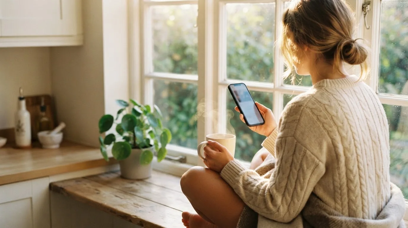 Una persona sostiene una taza de café mientras mira un teléfono móvil sentada junto a una ventana con luz de mañana.