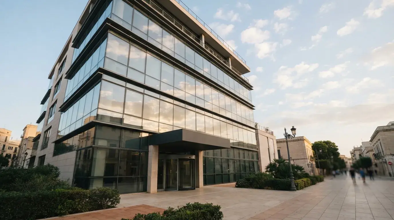 Un edificio de oficinas con fachada de cristal reflejando nubes, fotografiado desde una acera ancha por la tarde.