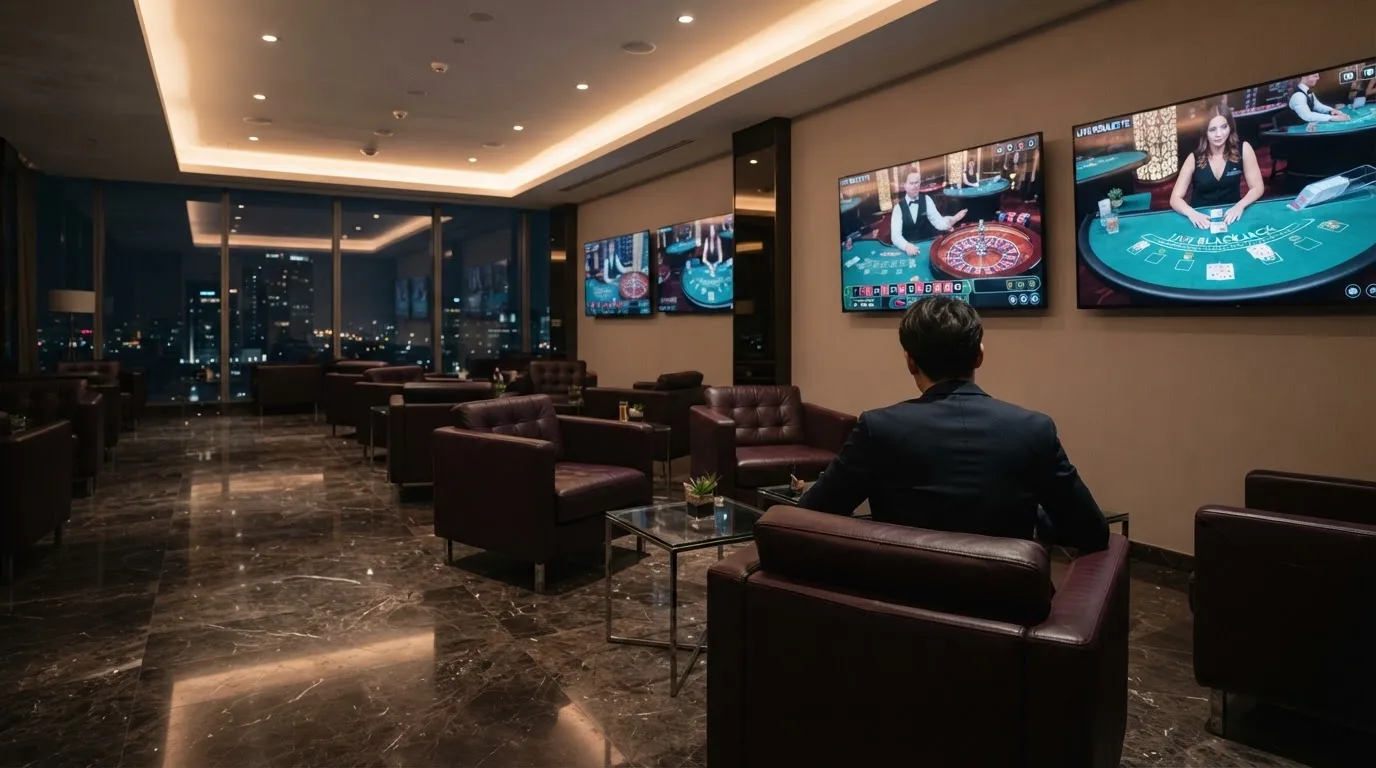 Fotografía de un salón de casino moderno con pantallas de transmisión en directo y sillones cómodos, ambiente cálido y profesional.