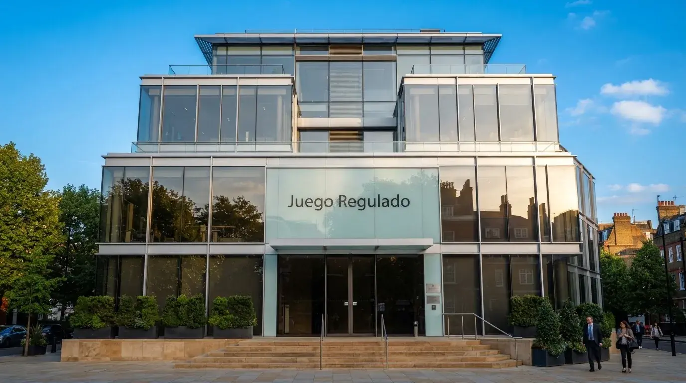 Fotografía de un edificio de oficinas corporativas con fachada de cristal, simbolizando la regulación y la supervisión del sector del juego.