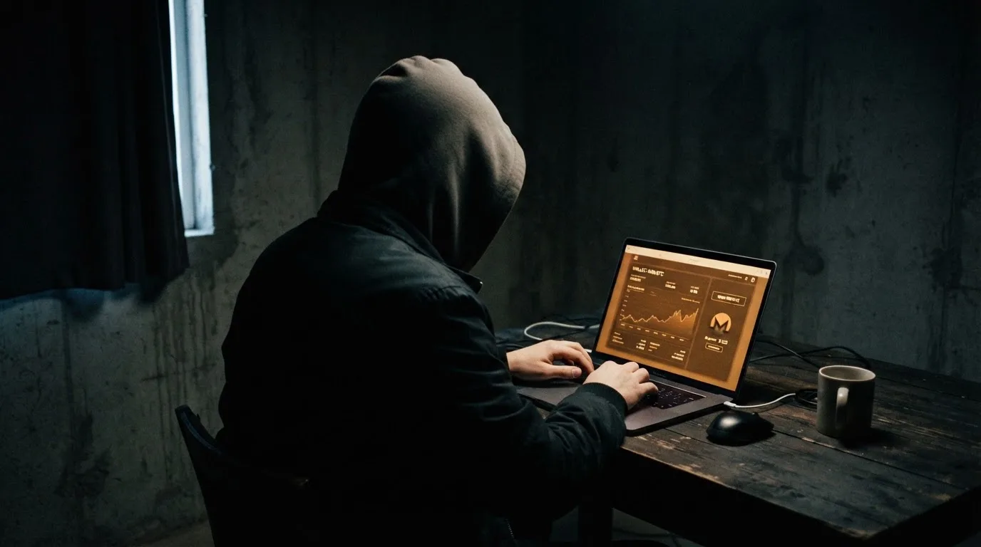 Fotografía de una persona con capucha usando un portátil en una habitación oscura, transmitiendo la idea de anonimato en línea.
