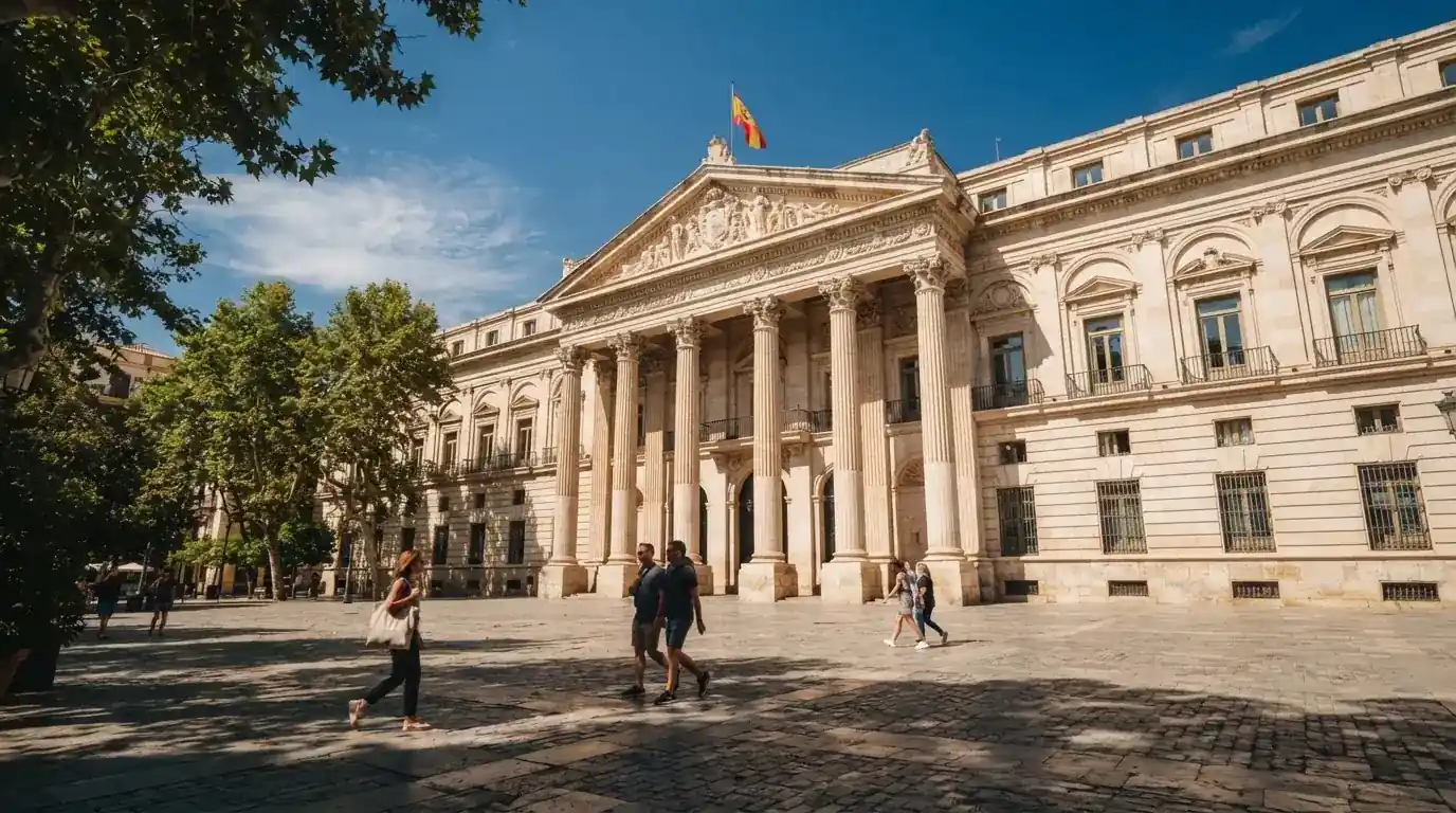 Fotografía de la fachada de un edificio institucional español con columnas clásicas bajo un cielo despejado.