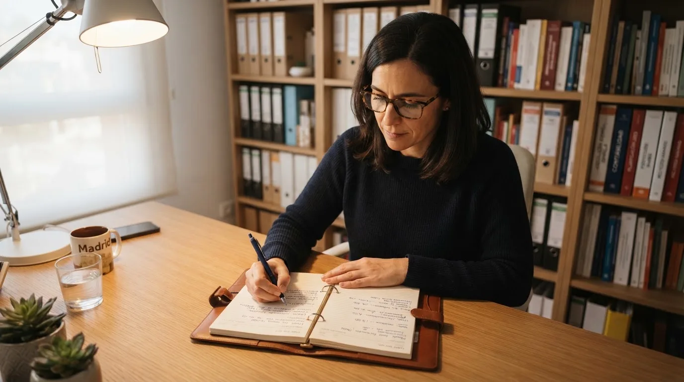 Una mujer con gafas revisa su agenda en un escritorio de oficina moderna con estanterías al fondo.