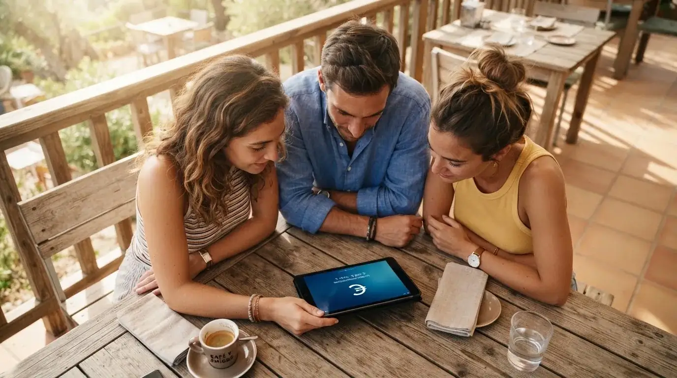 Un grupo de amigos revisa algo en una tableta sobre una mesa de madera en una terraza al aire libre.