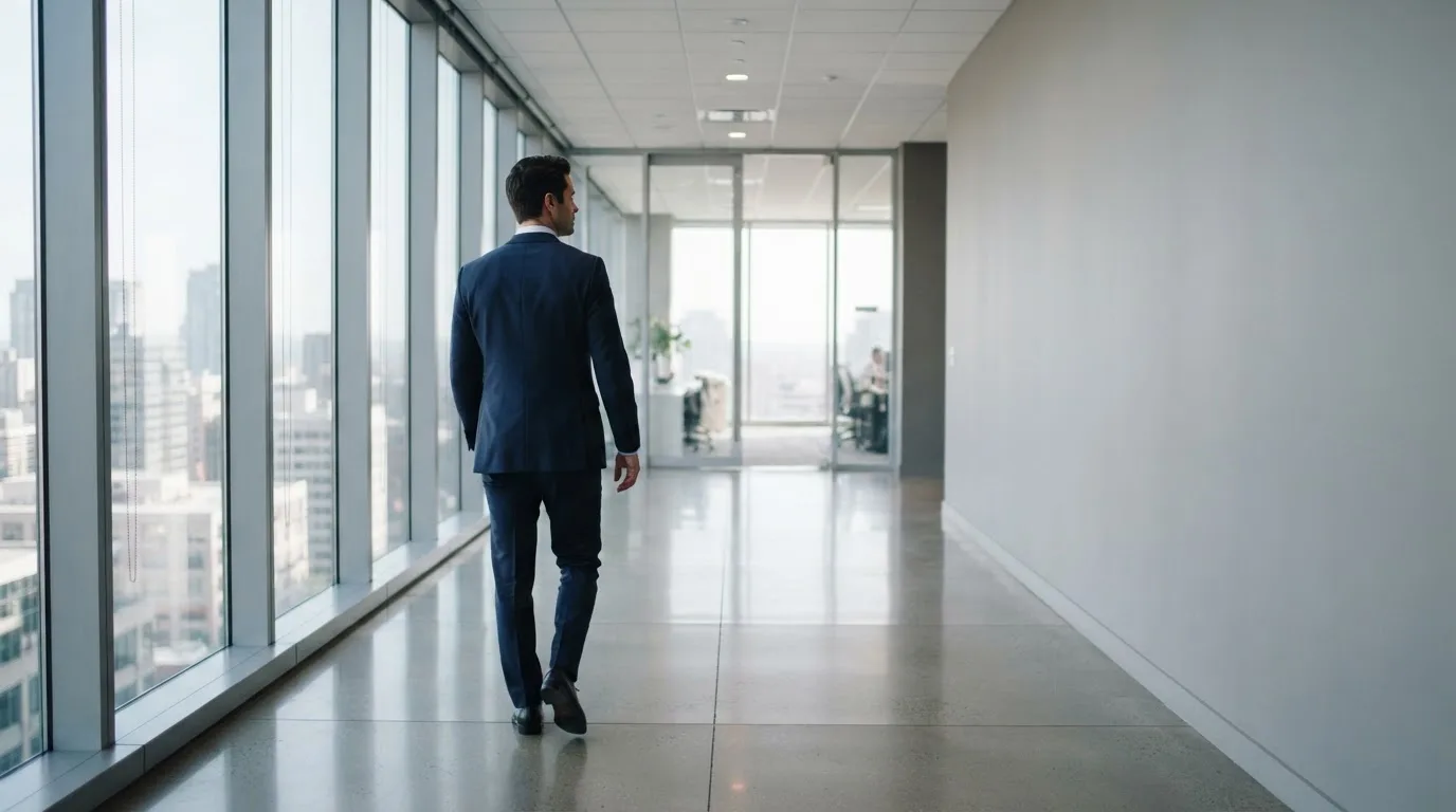Un hombre con traje camina por el pasillo de un edificio de oficinas moderno con grandes ventanales.