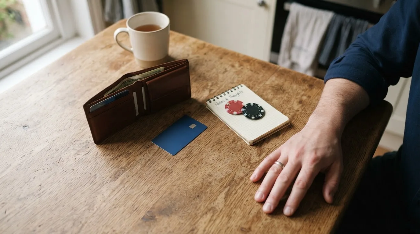 Un hombre revisa su cartera con tarjetas y monedas sobre una mesa de madera en casa.