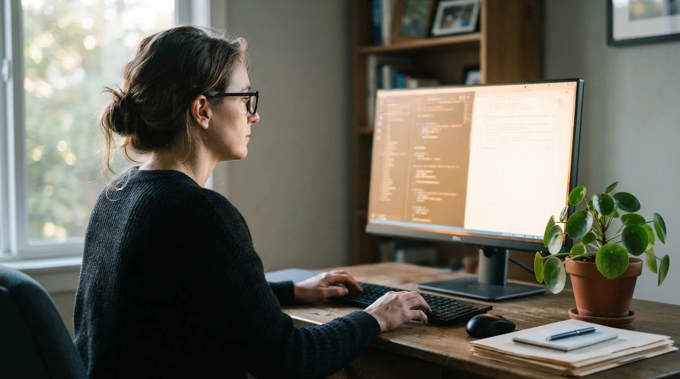 Una mujer con gafas trabaja frente a un ordenador de sobremesa en una oficina con luz natural.