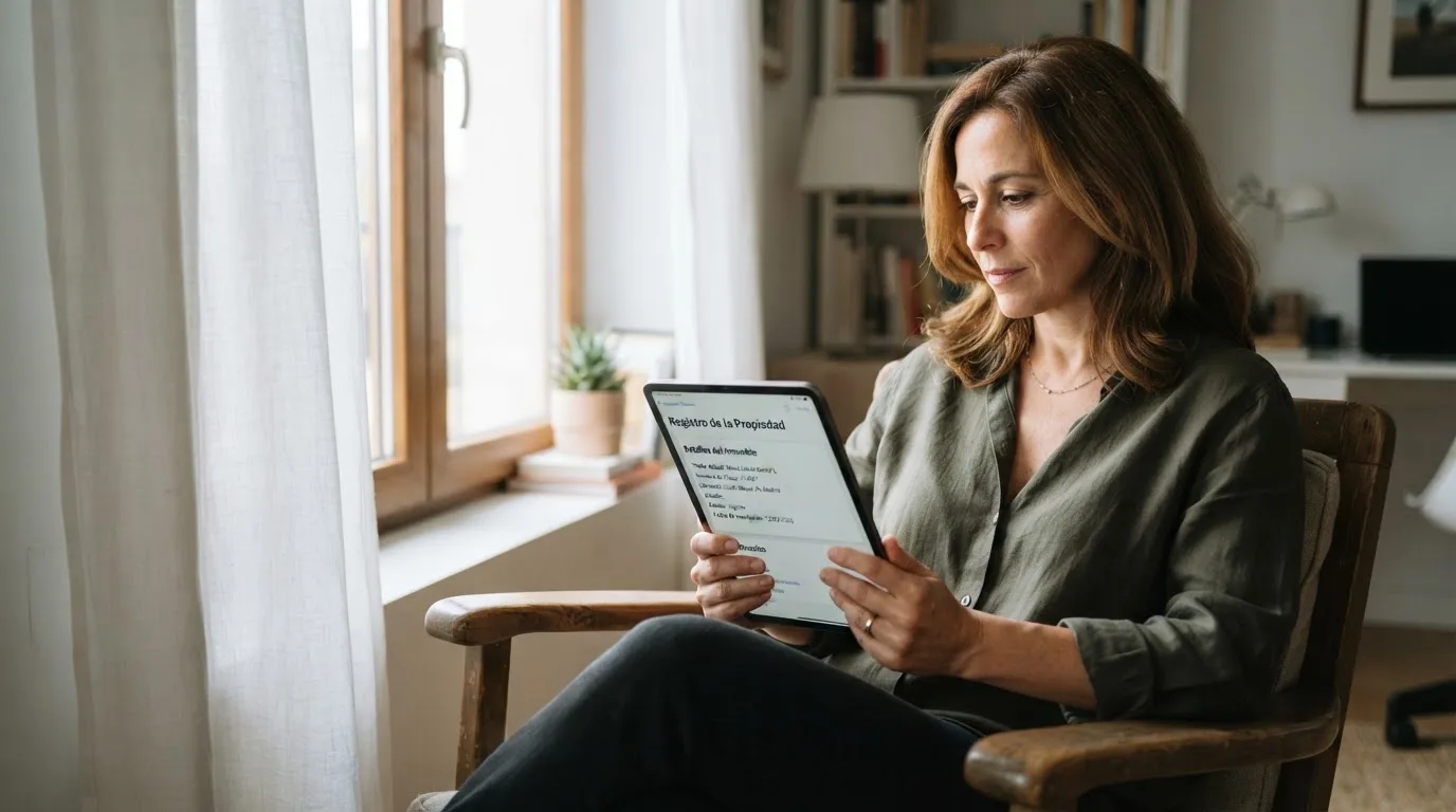 Una mujer consulta información oficial en la pantalla de su tableta, sentada junto a una ventana con luz natural.