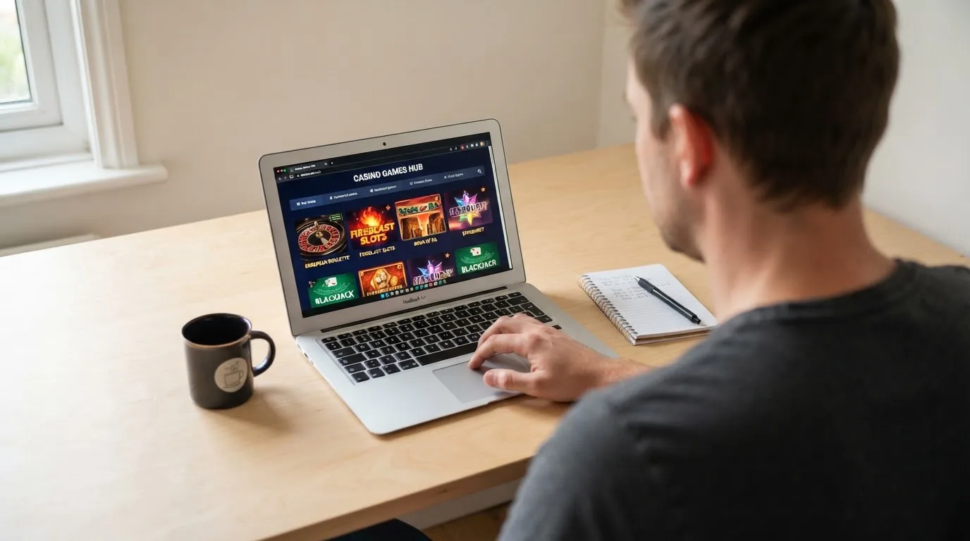 Un hombre explora distintos juegos gratuitos de casino en la pantalla de su ordenador portátil, sentado en su escritorio.