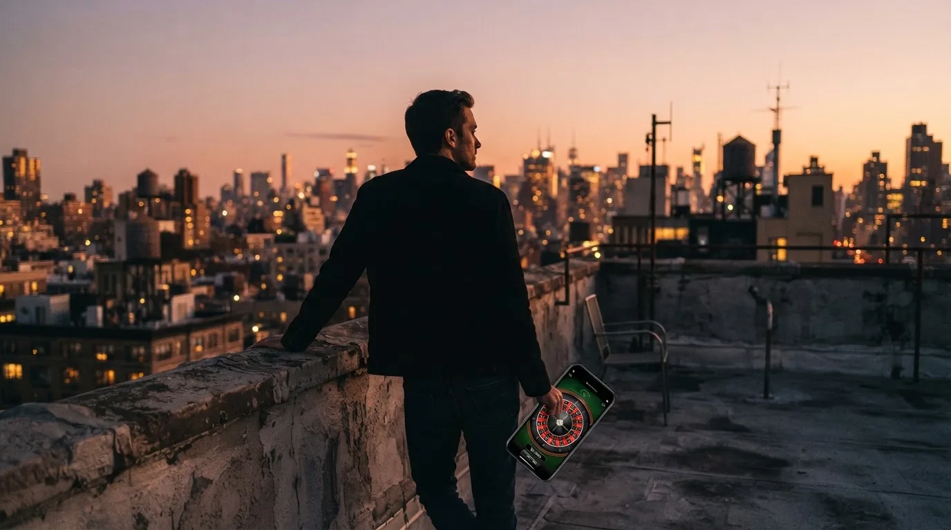Un hombre contempla el horizonte desde la azotea de un edificio sosteniendo su teléfono móvil.