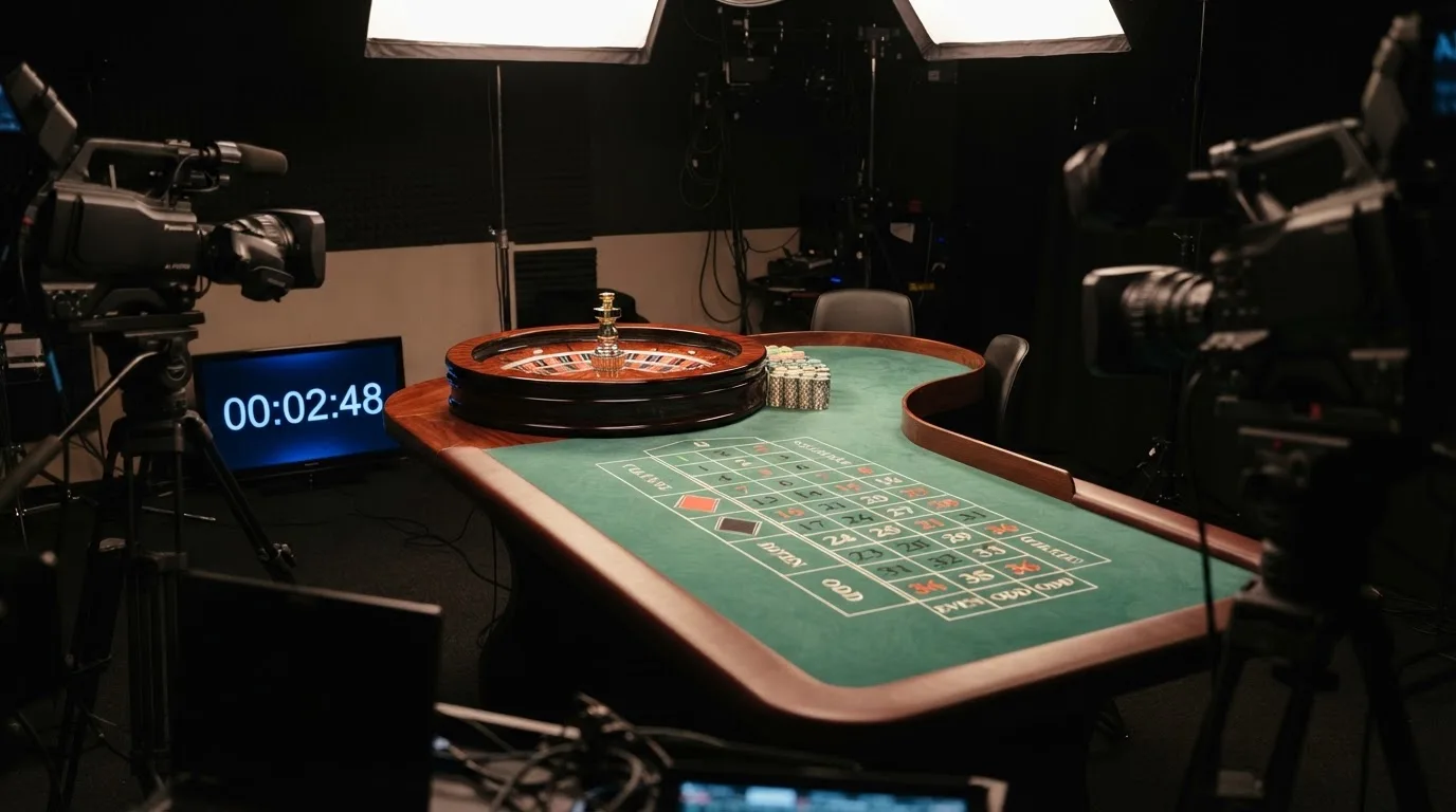 Una mesa de ruleta en vivo vacía momentos antes de empezar la retransmisión, con luces de estudio profesional encendidas.
