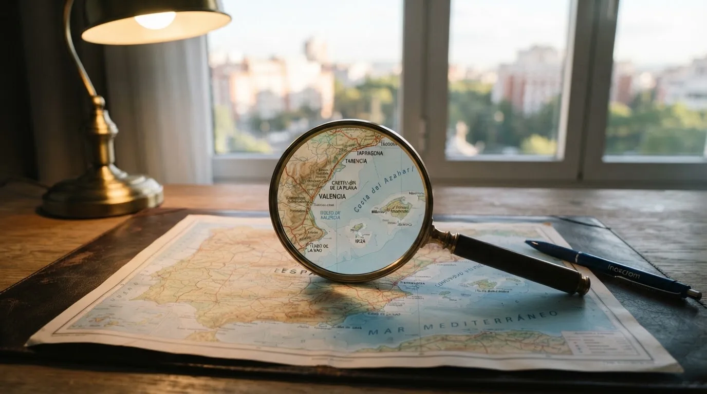 Una lupa sobre un mapa de España iluminado en un escritorio de oficina, con una ventana al fondo desenfocada.