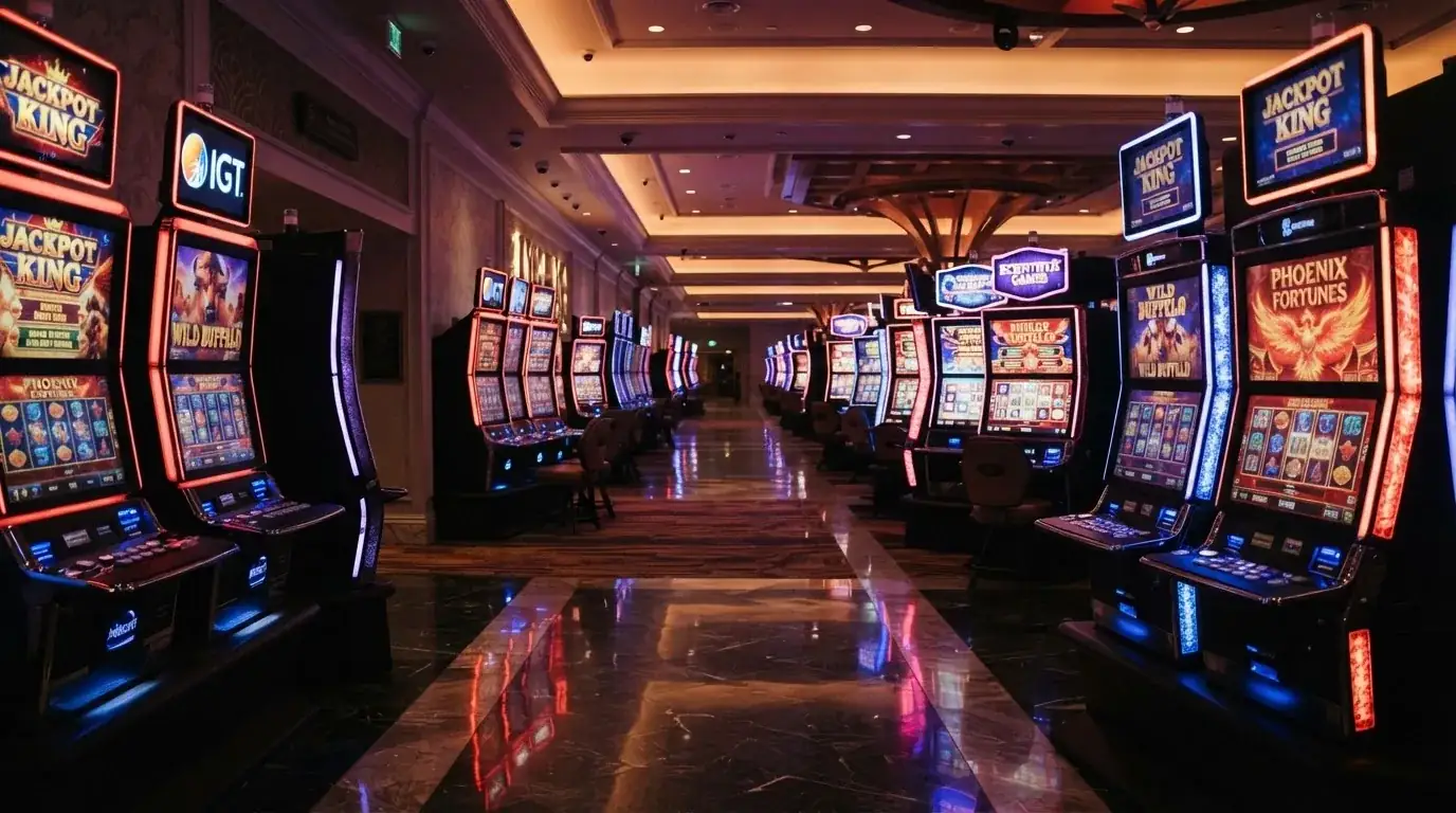 Una hilera de máquinas tragaperras modernas con luces de colores encendidas, fotografiada en un pasillo de casino vacío.