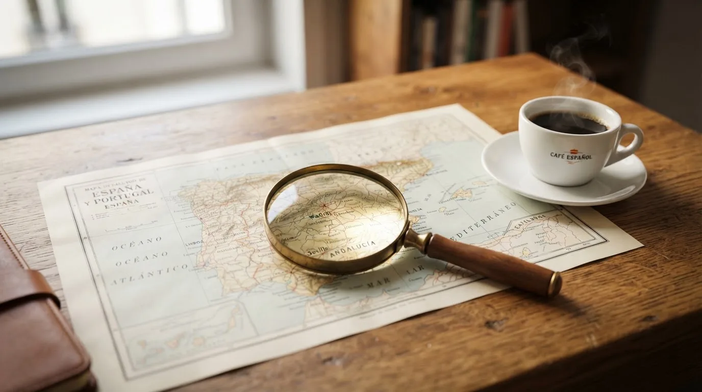Una lupa sobre un mapa de España colocado en un escritorio de madera junto a una taza de café humeante.